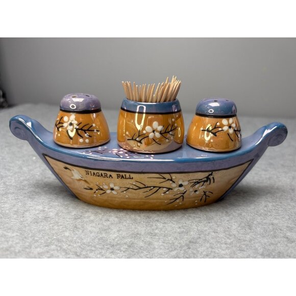 Niagara Falls Lusterware Salt & Pepper Shaker Boat Set with Toothpick Holder - Picture 1 of 11